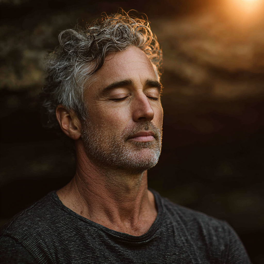 A man in his early 50s meditating peacefully in a natural setting, radiating calm.