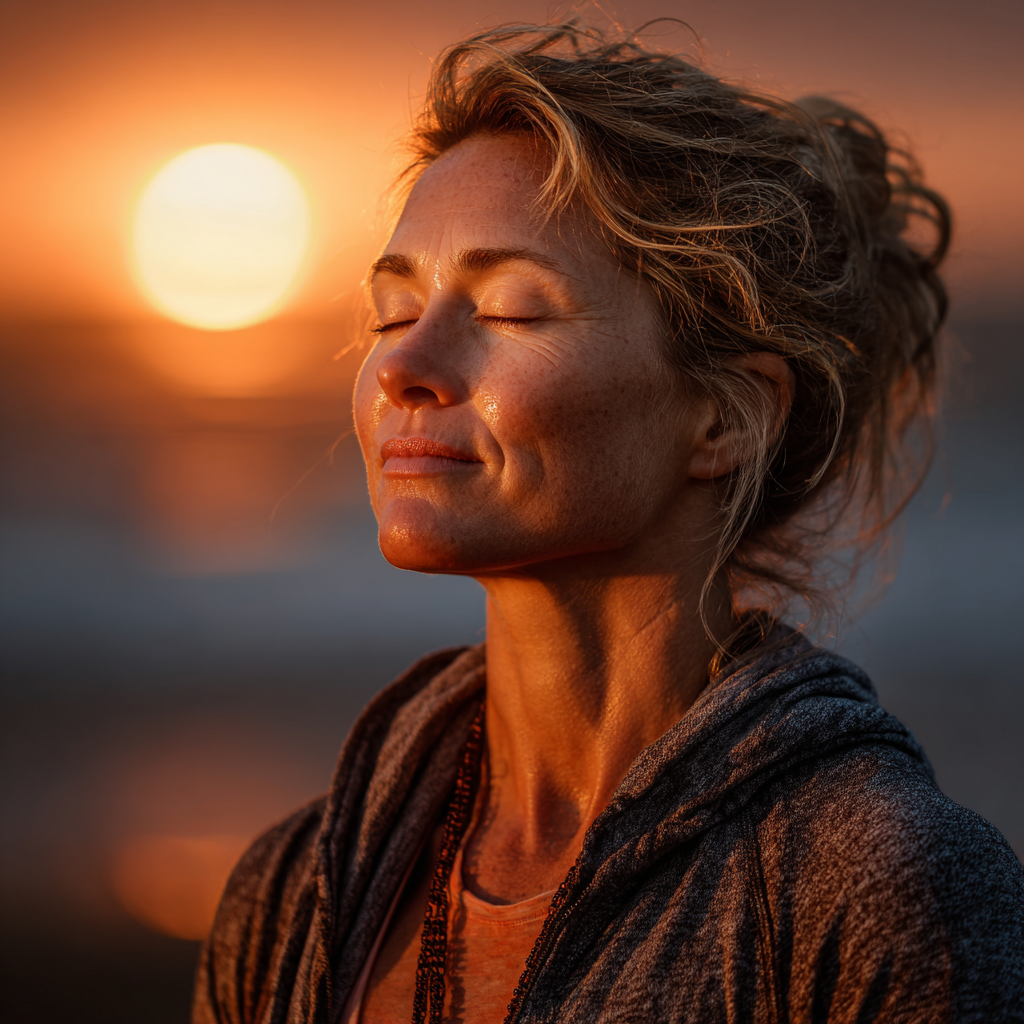 A woman in her mid-40s performing a gentle yoga pose at sunrise, with a serene expression.